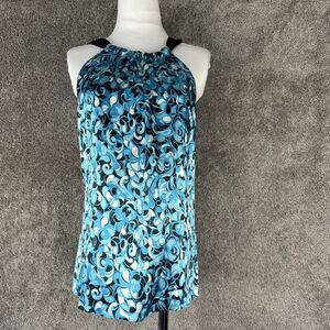 T Tahari Shirt Womens Small Blue Floral Sleeveless Halter Neck Polyester Top